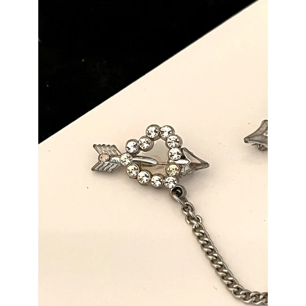 Vintage 1950s Sweater Guard Double Brooch Heart Arrow Rhinestone Chain - 1F